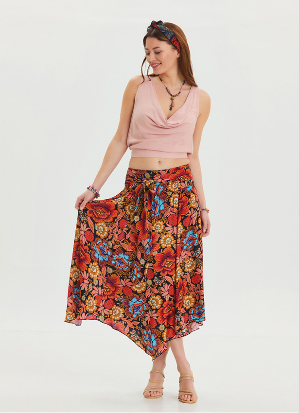 Black Patterned Printed Skirt with Gipe Detail and Tied Waist 4506